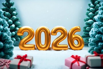 Shiny golden balloons spelling out the year 2026 with festive christmas trees and gift boxes in a winter wonderland setting