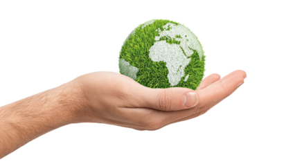 Hand Holding Globe with Grass Texture Isolated on White