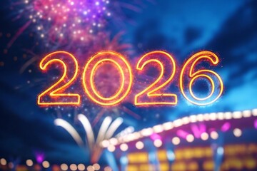 Bright neon 2026 number illuminated against a dark sky with colorful fireworks and festive lights