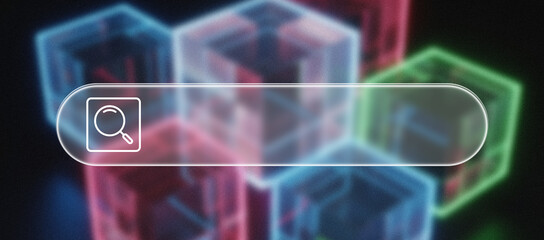 A search bar with a magnifying glass icon hovers over a dark, textured background with glowing cubes of red, blue, and green, creating a tech vibe