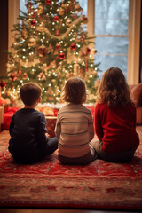 Rear view of three children sitting in awe on a rug, watching the beautiful, brightly lit Christmas tree and the pile of wrapped gifts on Christmas Eve in a warm, cozy home