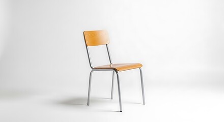 Fototapeta premium Minimalist Wooden Chair with Metal Legs on White Background, Clean Studio Shot of Simple Modern Furniture