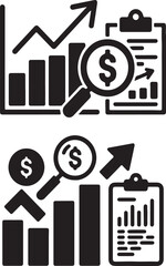 Obraz premium Financial growth and analysis icons with bar chart and magnifying glass