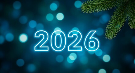 Bright neon blue glowing number 2026 illuminated against a dark bokeh background with fir tree branch