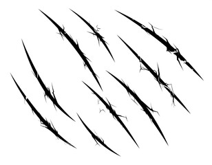 Black claw marks diagonally slashed on a white backdrop, with jagged edges and cracks suggesting tearing. The lines vary in length and width