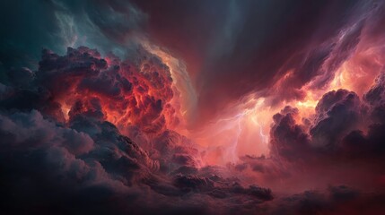 Fototapeta premium A dramatic sky filled with vibrant, swirling clouds illuminated by flashes of light, creating a striking and intense atmospheric scene.