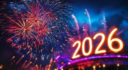 Vibrant fireworks explode in the night sky illuminating the glowing numbers of the year 2026 celebrating the new year