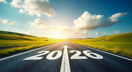 Open road stretching towards a bright sunlit horizon with the year 2026 painted on the asphalt ahead