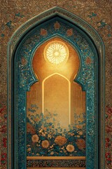 Elegant Islamic Doorway. Beautifully designed arch with intricate details and warm lighting.