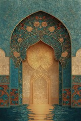 Ornate Islamic Architecture. Intricate door design with floral patterns and gold accents.
