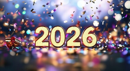 Golden 2026 numbers illuminated against a bokeh background with falling confetti and vibrant celebratory lights