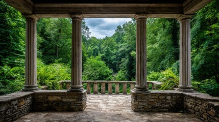 Fototapeta premium A scenic view from a stone terrace framed by columns, overlooking lush greenery and trees under a cloudy sky.