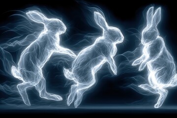Ethereal rabbits in motion, glowing with energy and light