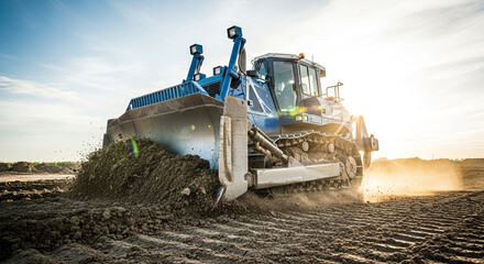 A large bulldozer working on a construction site with dirt and the sun shining in the background
