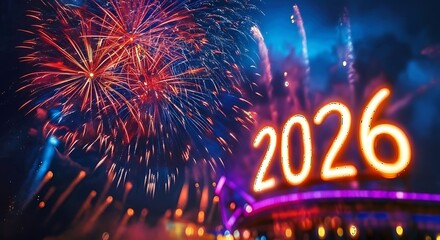 Vibrant new year s eve fireworks illuminate the glowing year 2026 in a celebratory urban night sky