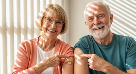 Senior couple showing arms with band aid after vaccination for covid19 and smiling