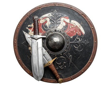 An overhead view showcasing a round shield with a stylized design, and two crossed blades