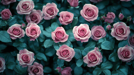 Naklejka premium Pink roses in full bloom create stunning floral display, surrounded by lush green leaves. vibrant colors and delicate petals evoke sense of romance and beauty