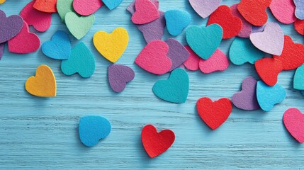 Obraz premium Colorful Felt Hearts Scattered on Light Blue Wooden Surface, Symbolizing Love, Affection, and Valentine's Day