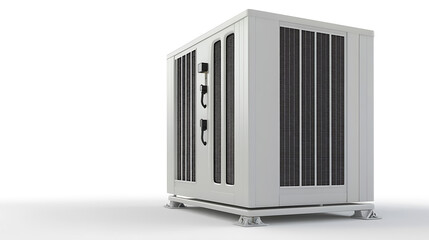 An air conditioning unit stands isolated, its robust, off-white structure stark against a seamless, bright backdrop, symbolizing cooling and industrial design.