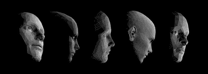 Human faces created from particles. Technology concept. Anonymous social masking. Cyber security. Black and white. Vector illustration.