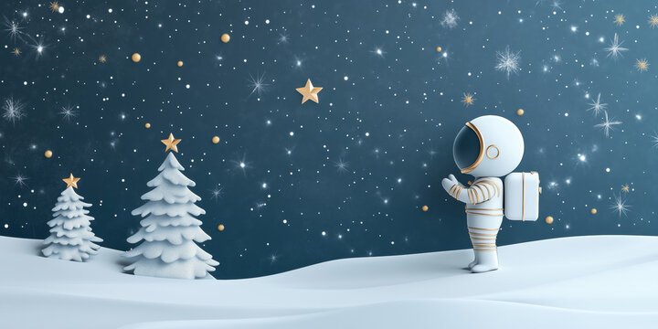 Astronaut, Stars and Christmas Tree in Snow. Christmas and New Year Background, copy space