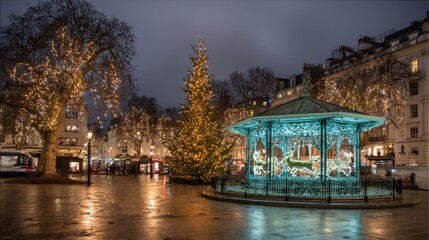 Festive Christmas in a City Square at Night with Lights, Tree and Bandstand Illumination