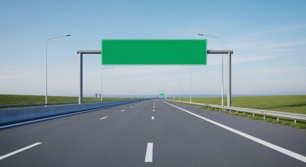 Highway with a Blank Green Road Sign under a Clear Blue Sky  Modern Travel and Transportation Concept