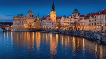 Fototapeta premium Scenic Prague Cityscape at Dusk Reflecting in Vltava River, Czech Republic, Featuring Historical Architecture