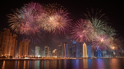 Vibrant Fireworks Display Over Illuminated City Skyline at Night Reflecting in the Water
