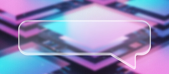 A vibrant speech bubble floats against a neon geometric backdrop, representing a lively and colorful digital conversation with a blurred effect