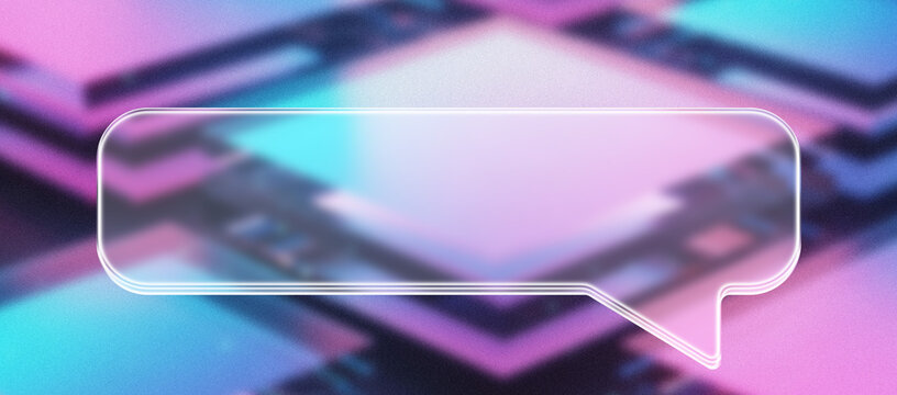 A vibrant speech bubble floats against a neon geometric backdrop, representing a lively and colorful digital conversation with a blurred effect