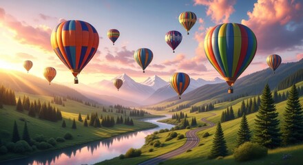 Obraz premium Colorful Hot Air Balloons over Green Hills and Snowy Mountains at Sunrise ,Scenic Landscape Vector Illustration in Warm Pastel Colors