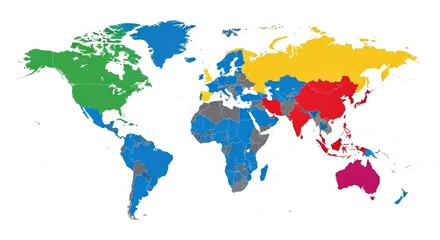 Obraz premium World Map Vector Illustration Simplified Global Continent Design with Distinct Bright Colors on White Background