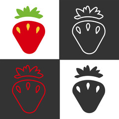 Four line icons of strawberries are displayed in a grid, featuring red, white, and black variations. Each icon highlights the distinct shape and features of a strawberry.