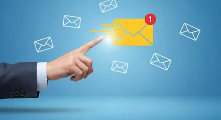 Email Notification Illustration, Hand Pointing at Yellow Envelope Icon with New Message Alert on a Blue Background, Digital Communication Concept