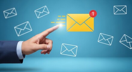 Email Notification Illustration, Hand Pointing at Yellow Envelope Icon with New Message Alert on a Blue Background, Digital Communication Concept
