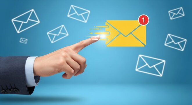 Email Notification Illustration, Hand Pointing at Yellow Envelope Icon with New Message Alert on a Blue Background, Digital Communication Concept