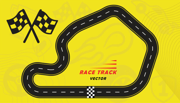 Creative vector illusion of race track isolated on yellow background. Speed race track design with creative icons.
