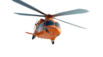 Orange helicopter in flight isolated on transparent background