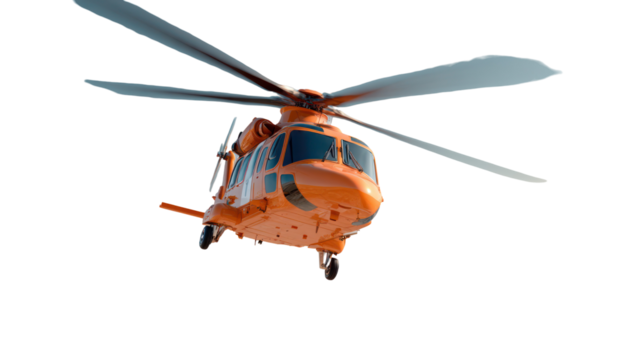 Orange helicopter in flight isolated on transparent background