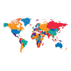 Fototapeta premium Colorful illustration of a world map with various countries in different bright colors on a white background.