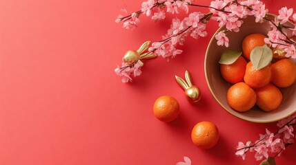 Festive Tangerines and Cherry Blossoms, Celebrating Lunar New Year with Golden Rabbit Figurines on Red Background