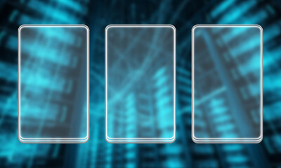 Three transparent glass panels display a network of interconnected nodes and lines against a vibrant, blue, and dynamic background