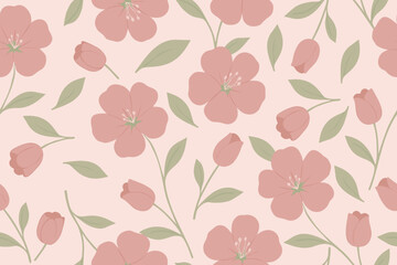 Seamless floral pattern with soft pink blossoms and green leaves on a pale background, perfect for romantic fabric, wallpaper, and feminine design.