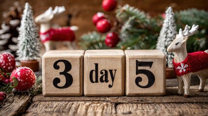 Festive Holiday Countdown: Wooden Blocks Display Day 35 Amidst Christmas Decorations and Evergreen Branches