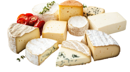 Assortment of delicious cheeses isolated on transparent background