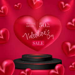 Valentine’s Day sale banner with 3D hearts and podium on red background, discount up to 50%. Perfect for romantic promotions, online shopping, and festive marketing designs.