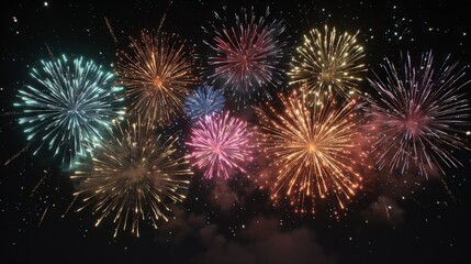 Vibrant Fireworks Display Illuminating the Night Sky, Celebrating Festivities and Events with Colorful Bursts
