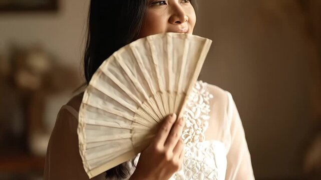 A beautiful woman in traditional attire gently holds a delicate fan, exuding grace and elegance.